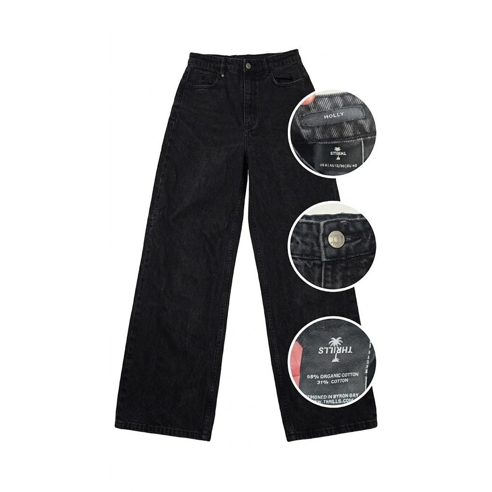 Thrills Holly Wide Leg Jeans Womens 8 30 Washed Black High Rise Denim Skater 90s